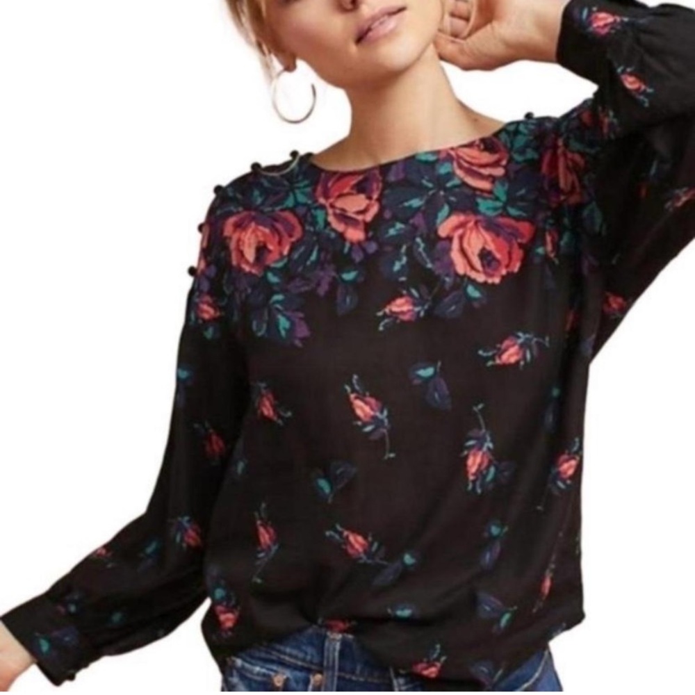 Maeve by Anthropologie Floral Black Blouse